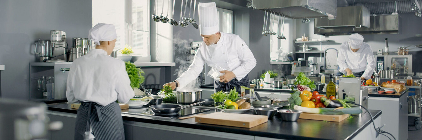 Big and Glamorous Restaurant Busy Kitchen, Chefs and Cooks Worki Big and Glamorous Restaurant Busy Kitchen, Chefs and Cooks Worki